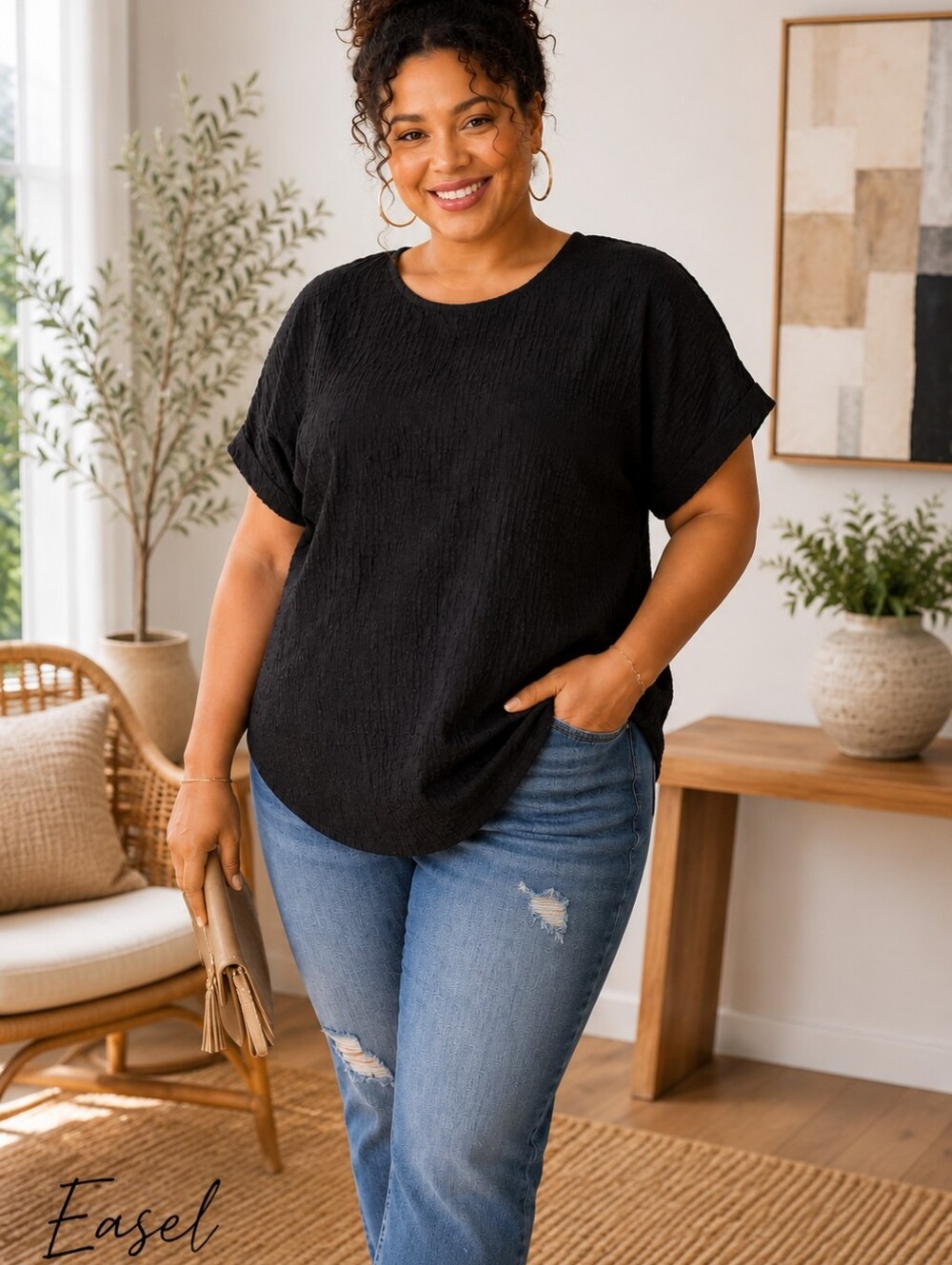 Easel Black Textured Women's Top